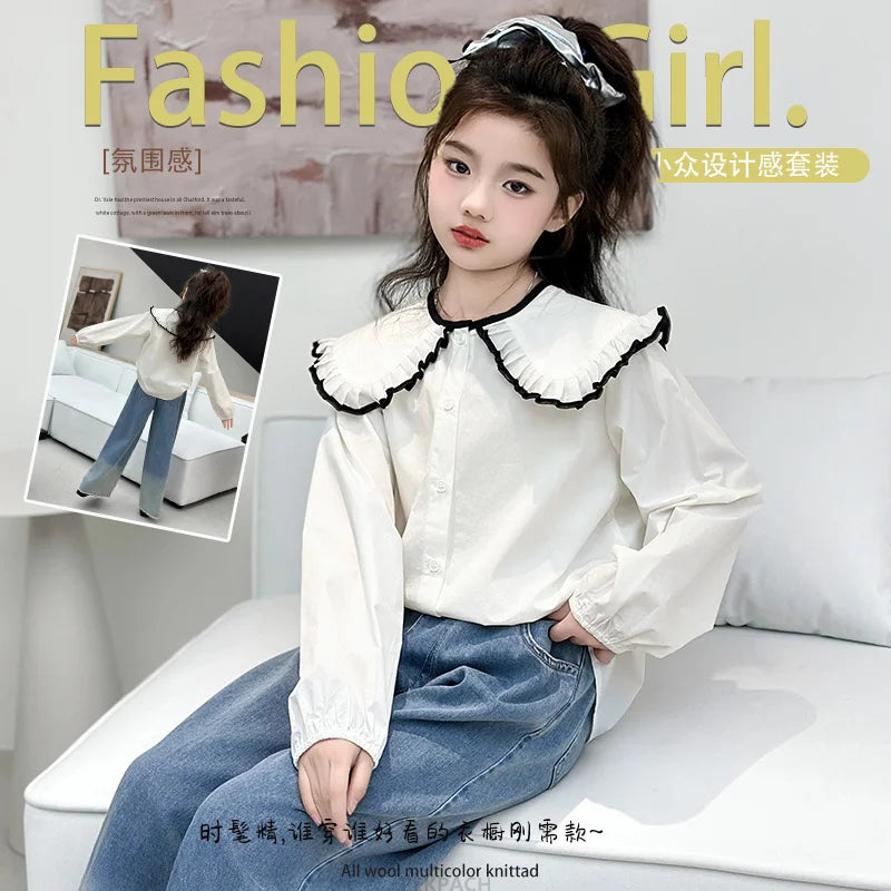 New Fashion Kids Long Sleeve Blouse With Big Collar For School Girls Trendy Outfit Tops Teens Child White Shirt Clothes Costume