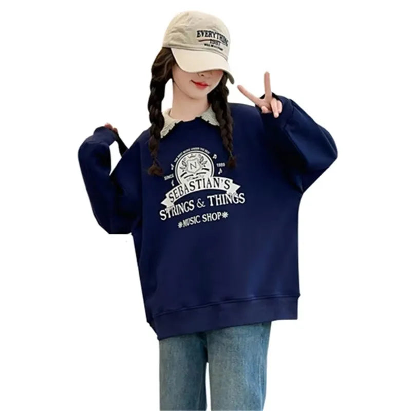 New Spring School Girls Sweatshirt For Teens Cotton Long Sleeve T-shirt Children Turn Down Collar Sweat-shirt Clothing 5-14Y