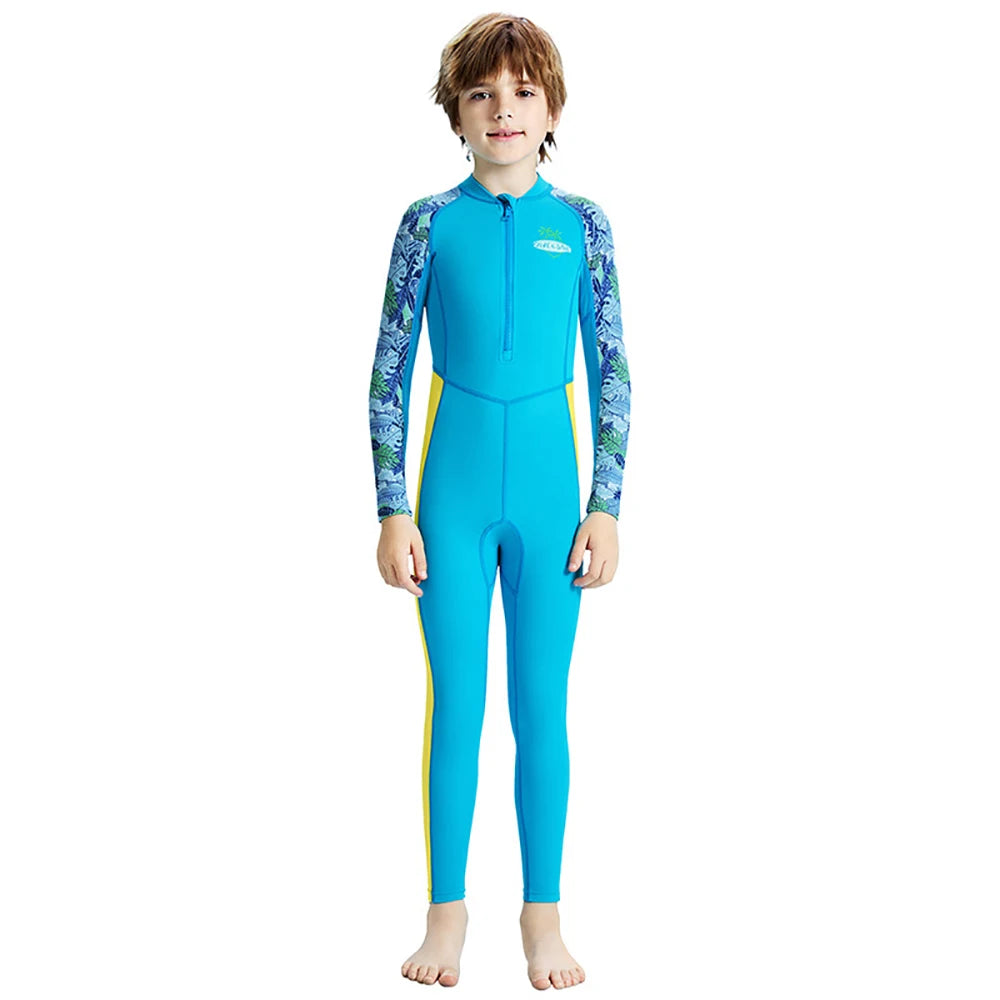 Boys Girls One-Piece Swimsuits Swimwear Long Sleeve Wetsuits Bathing Suit Beachwear Sun Protection(Including Swimming Cap)
