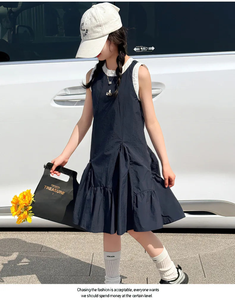 New Summer Girls Princess Dress Kids Sleeveless Dress with Ruffles Design Dresses for Teen Child Casual Vacation Beach Dress