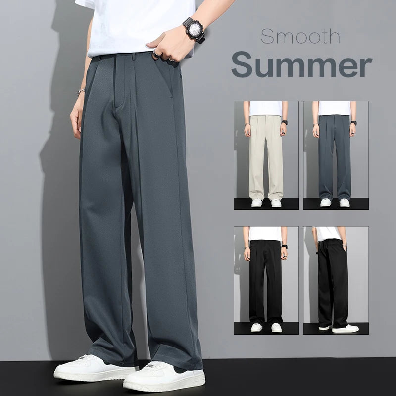 Men's 2026 Summer Korean Style Loose Straight Leg Draping Lightweight Casual Pants Slacks Khaki Dark Gray Black Trousers Male