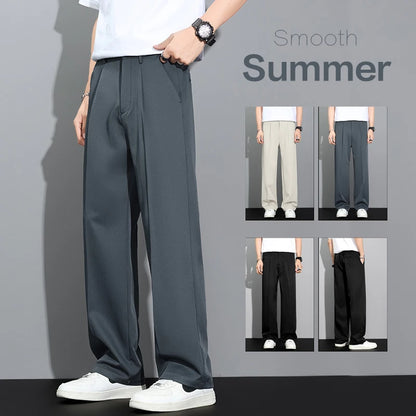 Men's 2026 Summer Korean Style Loose Straight Leg Draping Lightweight Casual Pants Slacks Khaki Dark Gray Black Trousers Male