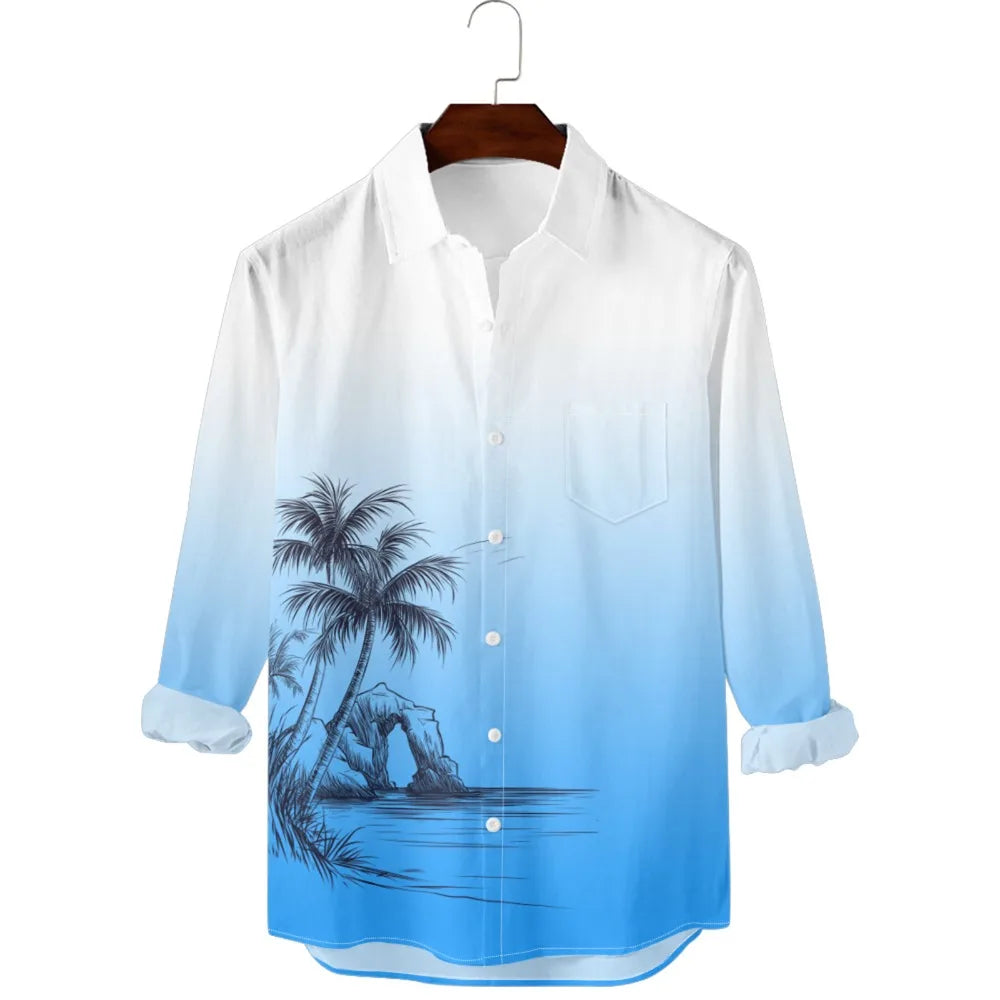 Hawaiian Men Shirts Sunset Oasis Palms Print Full Sleeve Streetwear Button Up Casual Beach to Bar Parties Poolside Shirt Pocket