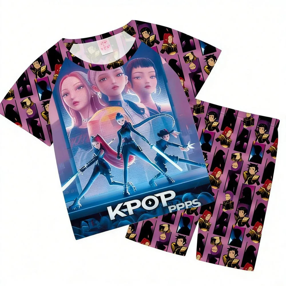 Girls Pajamas Sets Kids Toddler 3 to 8 10 11 12 Years Kpop Demon Hunters Summer Pjs Tops+Shorts Two Pieces Pijamas Sleepwear Set