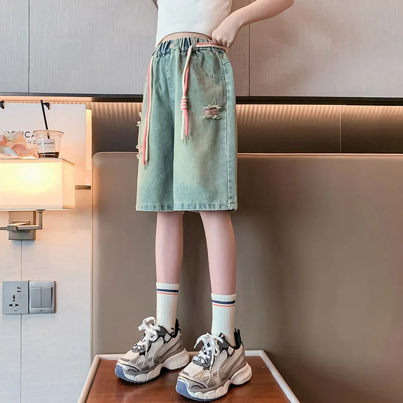 Teen Girls Knee-Length Denim Shorts Kids Elastic Waist Summer Ripped Shorts Pants For Teenager Casual Outfit Age 5 To 14 Years