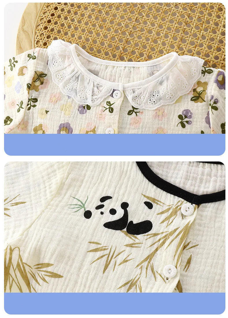 2Pcs Girls Summer Cotton Gauze Thin Pajamas Home Wear Cartoon Floral Print Long Sleeve Lace Trimmed Sleepwear Baby  Clothing Set