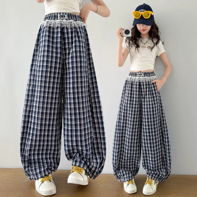 Girls Pants Spring Summer 2026 Minimalist Cute Casual Plaid Wide Leg Pants Elastic Waist Lace Ruffle Trim Children's Clothing