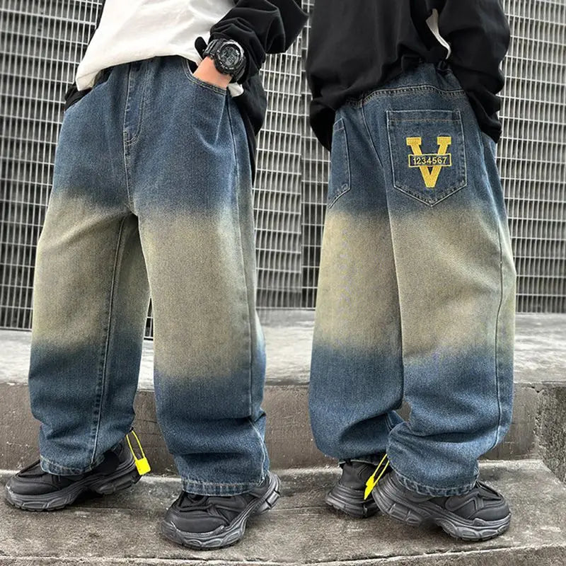 Boy Jeans For Teenage Casual Style Letter Pattern Loose Pants For Children Toddler Kids Clothes 4 6 8 9 10 11 12 13 14 Years
