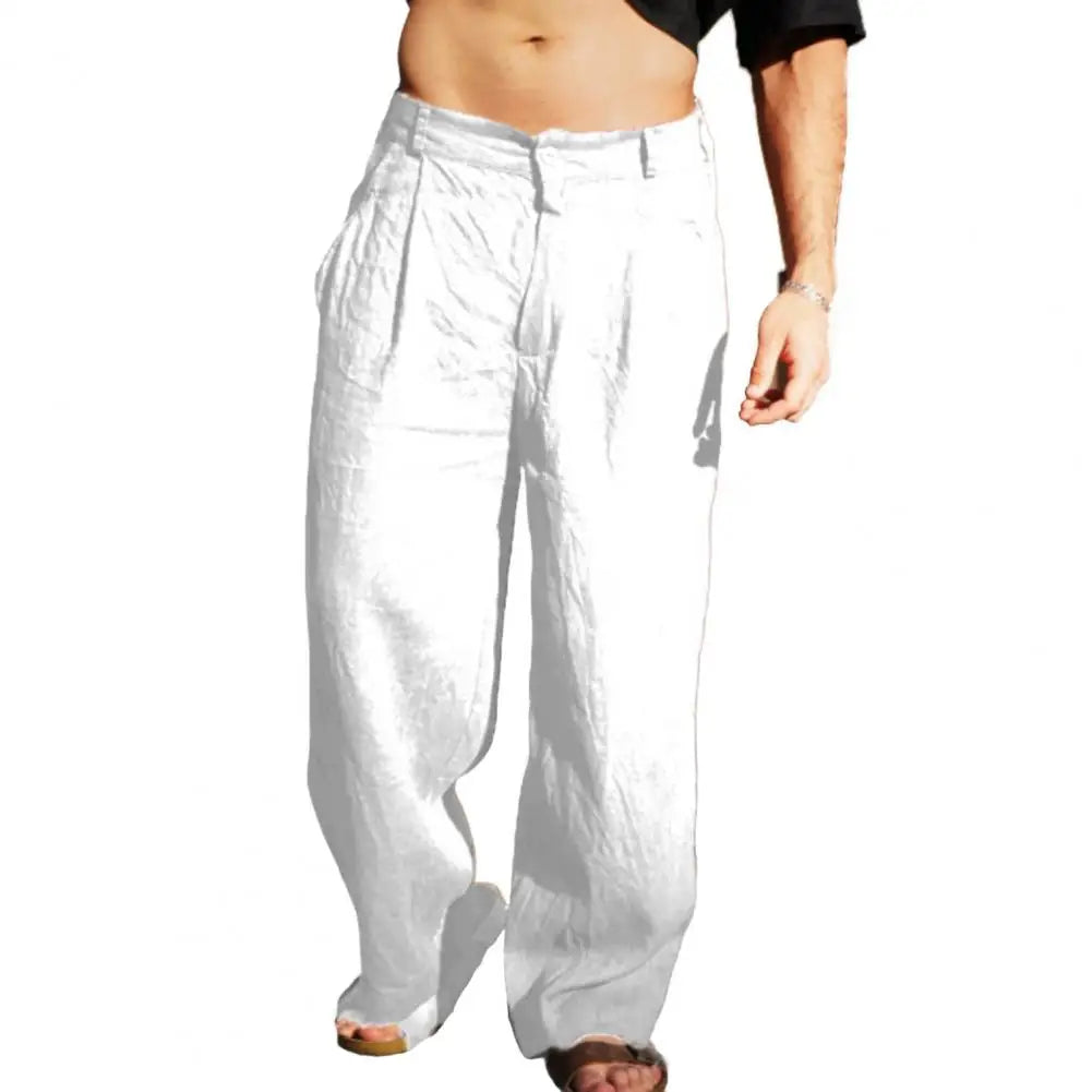 Men Cotton Linen Slacks Solid Color Loose Casual Trousers Breathable Summer Yoga Pants Pleated Jogger For Beach Vacation Fishing