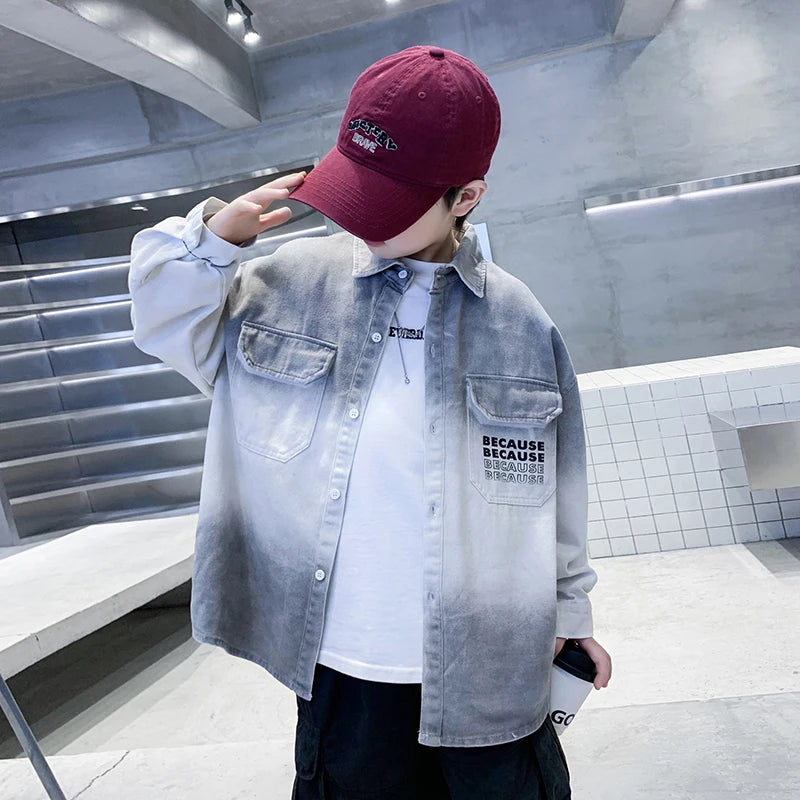 Loose Teenage Boy Gray Gradient Denim Shirt Jacket For Child Age 5 6 7 8 9 10 11 12 13 14 Years Kids Casual Spring Clothing Coat
