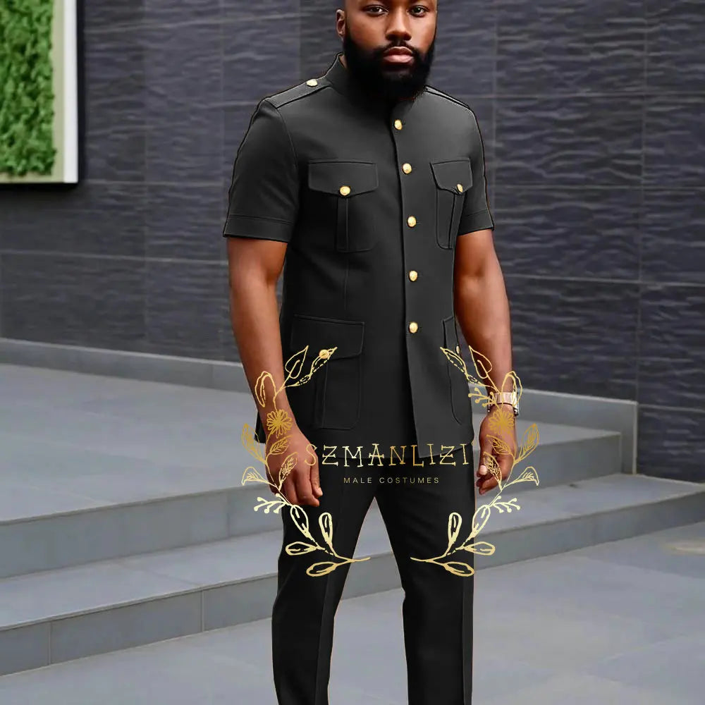 High Quality Men's Suits Short Sleeve Single Breasted Stand Lapel Slim Fit 2 Piece Jacket Pants Outfits Costume Homme Terno