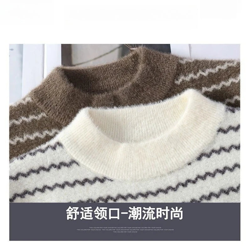 Sweater for Men Classic Fleece Lined Thick Warm Stripes Thicken Warm Base Layer Pullover Half-high Collar Trendy Casual Sweater
