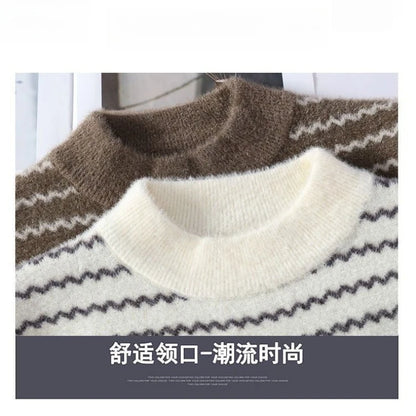 Sweater for Men Classic Fleece Lined Thick Warm Stripes Thicken Warm Base Layer Pullover Half-high Collar Trendy Casual Sweater