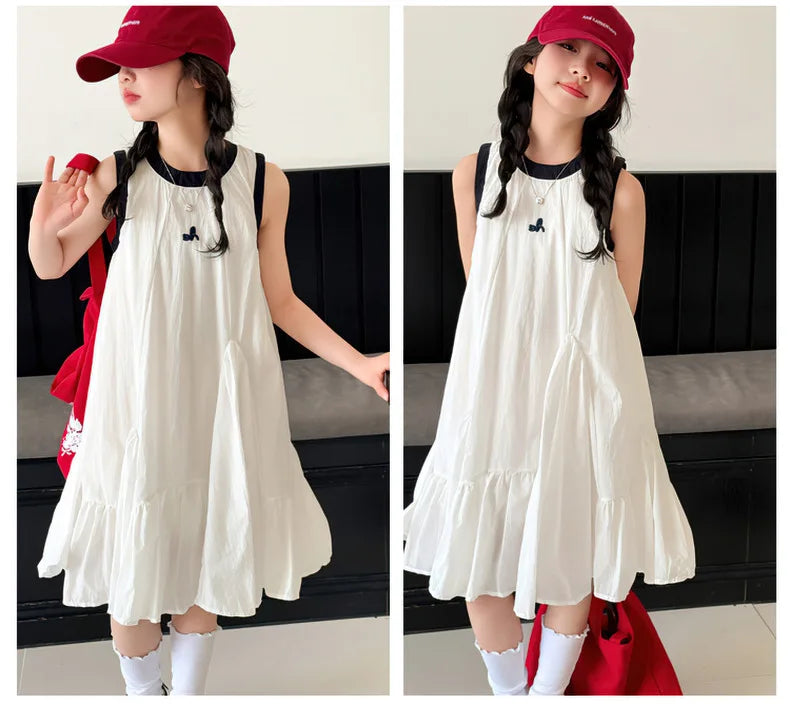 New Summer Girls Princess Dress Kids Sleeveless Dress with Ruffles Design Dresses for Teen Child Casual Vacation Beach Dress