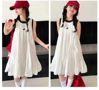 New Summer Girls Princess Dress Kids Sleeveless Dress with Ruffles Design Dresses for Teen Child Casual Vacation Beach Dress