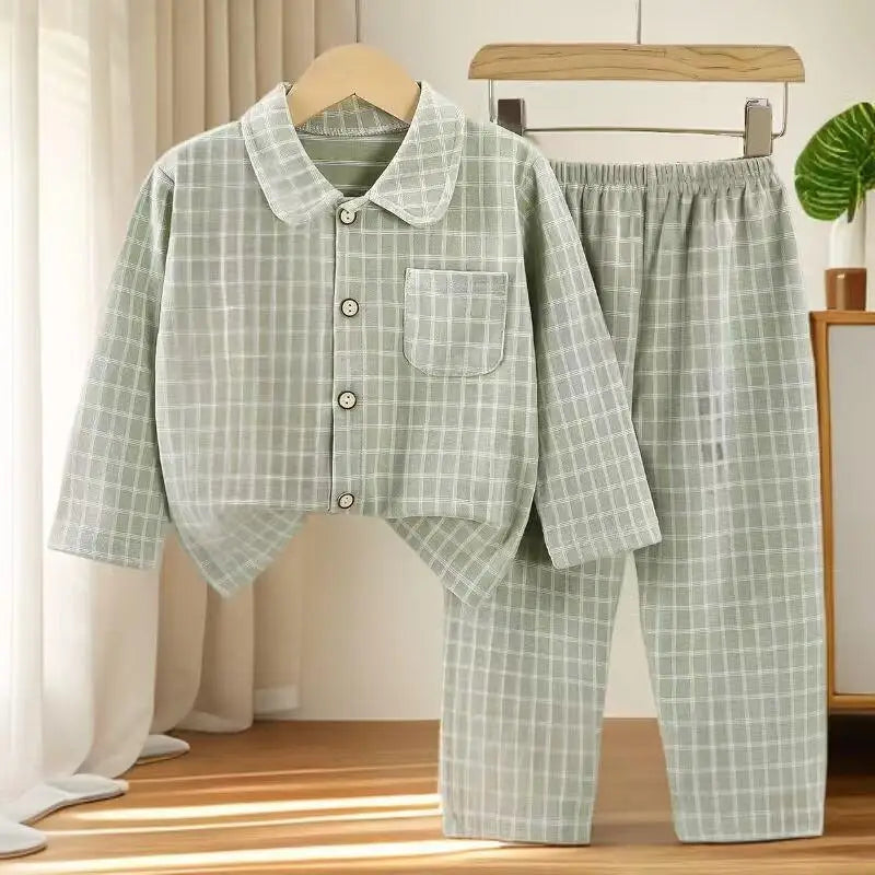Boys and Girls children's Pajama Set autumn winter Korean Style Plaid Cardigan Lapel long-sleeved PJs Set Loungewear Two-piece