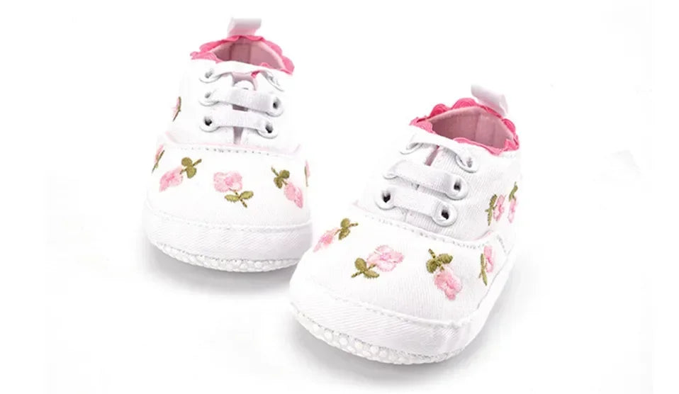 Baby Girls Shoes White Pink Floral Embroidered Soft Soles Shoes Prewalker Walking Toddler Casual Kids Shoes For Dropshipping