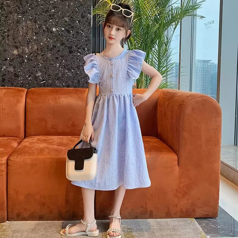 New Girls Summer Dress Kids Casual Sleeveless Clothes Gown Princess Children Elegant Costumes Teen Flying Sleeves Dresses 5-14Y
