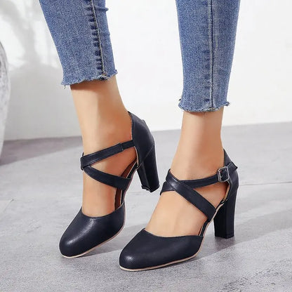 Women High Heels Shoes 2023 Autumn New Round Toe Chunky Heel Casual Platform Women's Shoes Female Belt Buckle