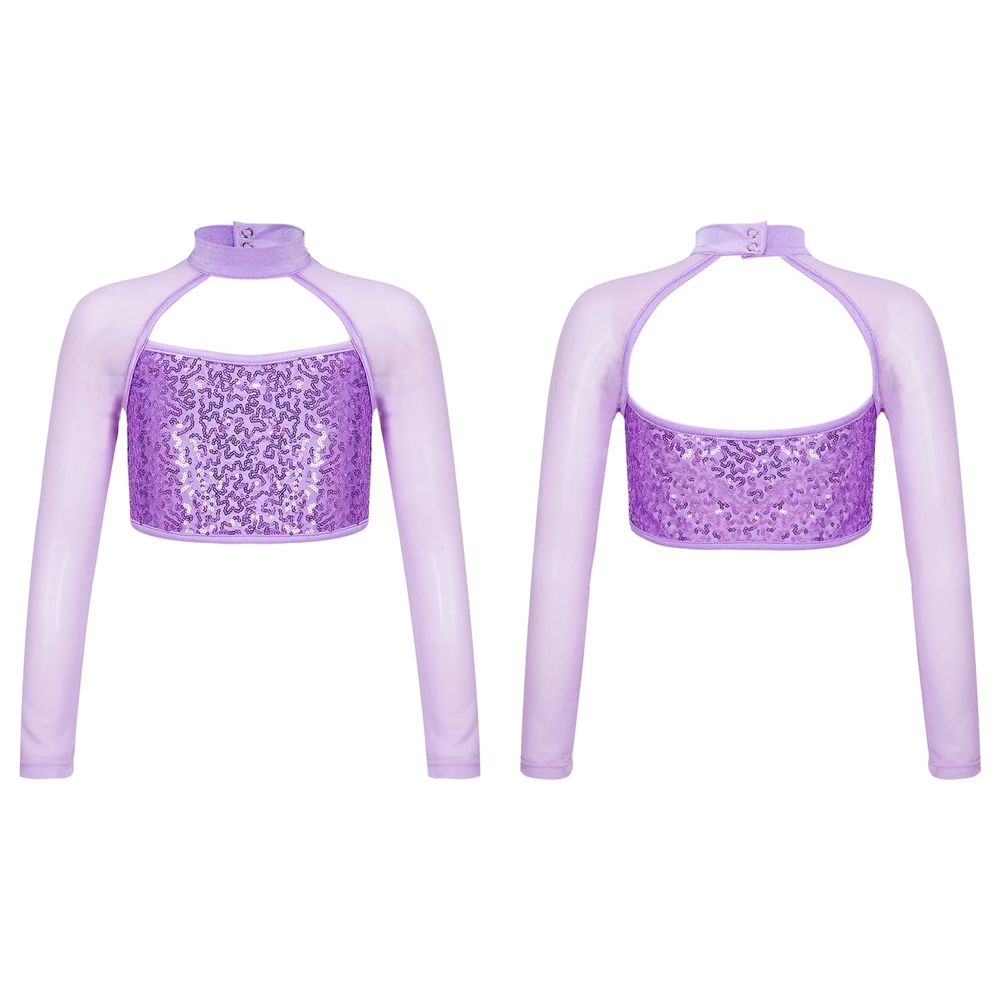 Teen Girls Hip Hop Jazz Street Dance Top Long Sleeve Shiny Sequin Mesh Crop T-shirt Yoga Sportswear Skating Gymnastics Dancewear