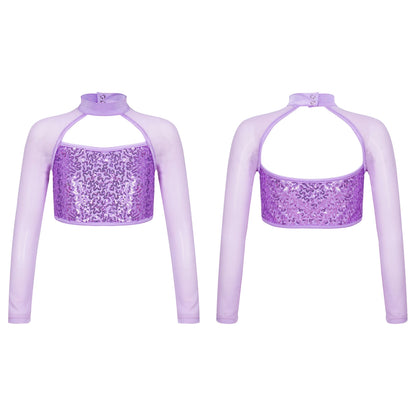 Teen Girls Hip Hop Jazz Street Dance Top Long Sleeve Shiny Sequin Mesh Crop T-shirt Yoga Sportswear Skating Gymnastics Dancewear