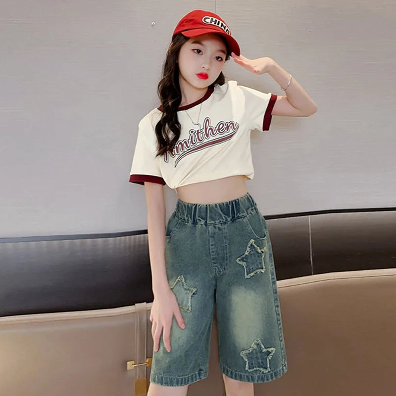 Girls Shorts Summer Kids Casual Loose Jeans Children Denim Knee Length Pants Teenager Fashion High Waist Shorts Clothing