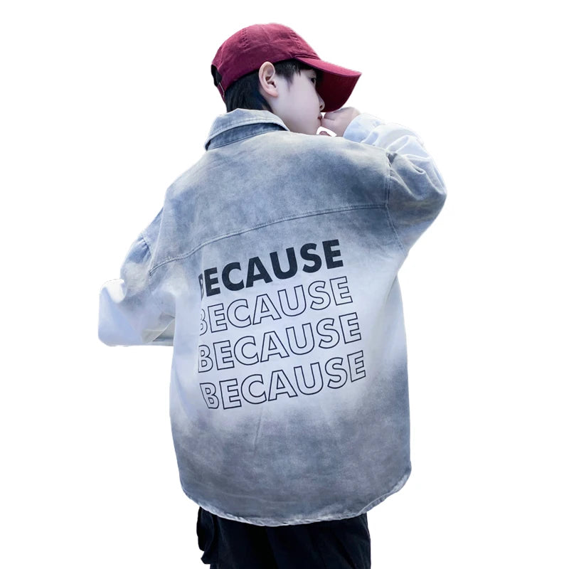 Loose Teenage Boy Gray Gradient Denim Shirt Jacket For Child Age 5 6 7 8 9 10 11 12 13 14 Years Kids Casual Spring Clothing Coat