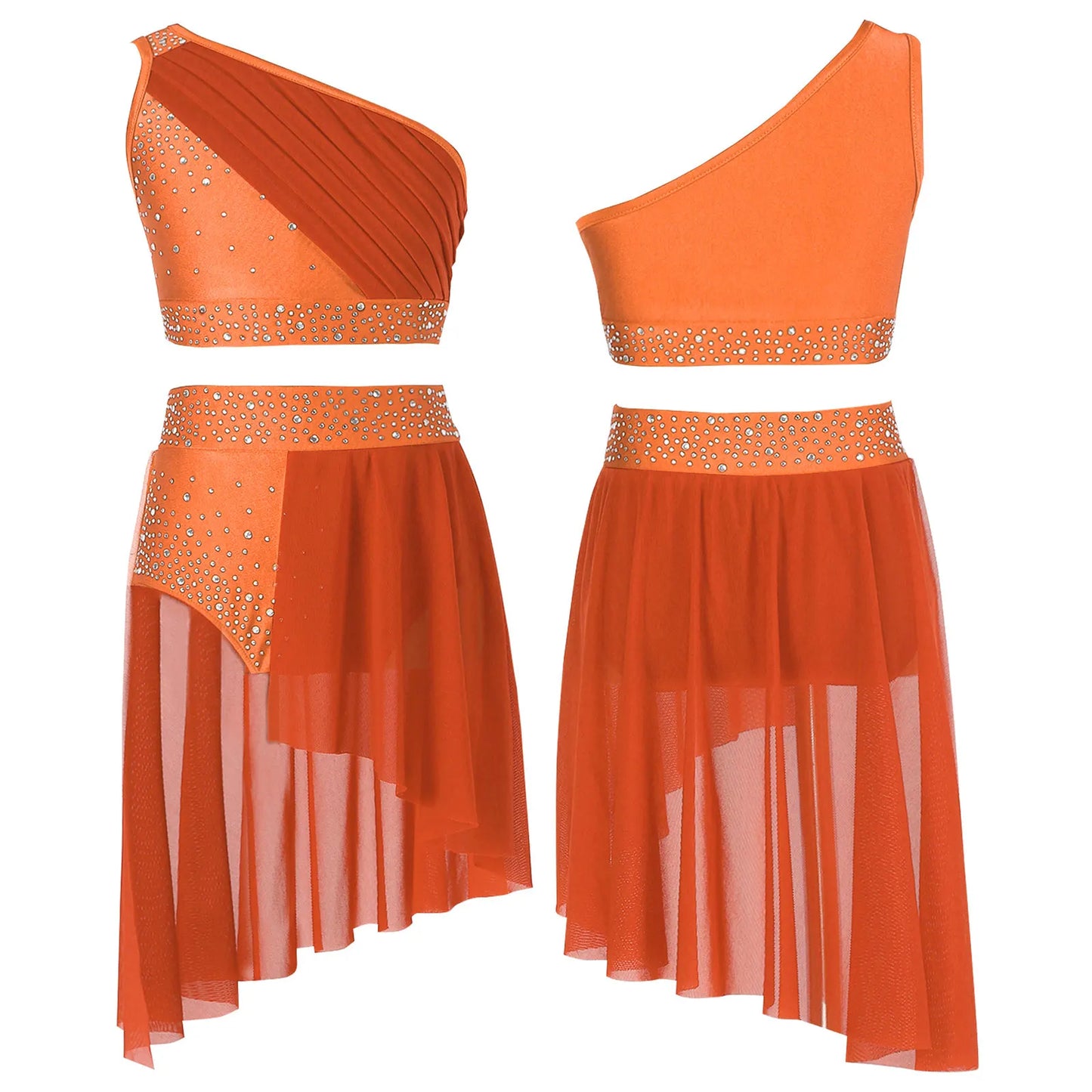 Teen Girls Modern Lyrical Dance Performance Outfit One Shoulder Crop Top with Leotard Skirt for Jazz Skating Ballet Gymnastics
