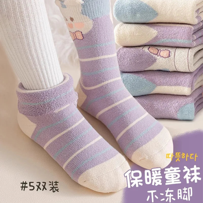5 pairs of thick socks for girls in winter, medium to large-sized long tube looped socks with fleece added
