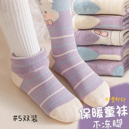 5 pairs of thick socks for girls in winter, medium to large-sized long tube looped socks with fleece added
