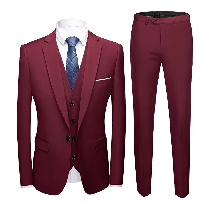 Man Suit Set Simple Solid Color Long Sleeve Male Outfit Single-breasted Slim Business Wedding Versatile Men Three-piece Suits