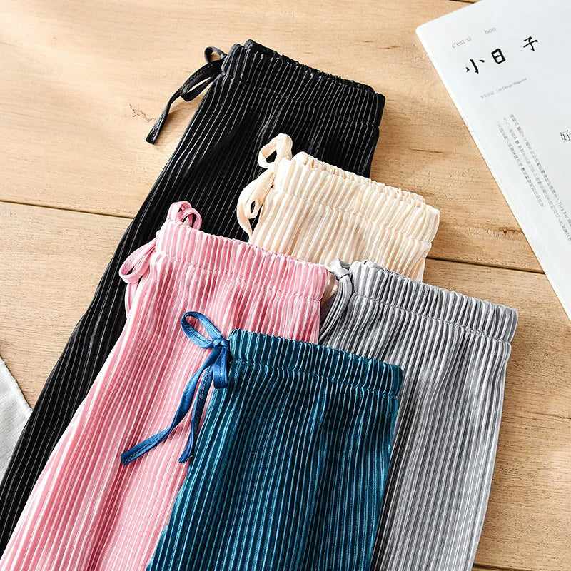 2025 New Girls' Pleated Wide-Leg Pants, Chiffon Ice Silk 9/10 Trousers, Loose Casual & Stylish Summer Wear，For Daily Wear.