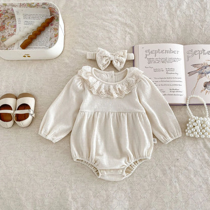 Baby Girls Clothes Toddler Autumn Winter Long Sleeve Lace Romper With Headwear For Infant Homewear Jumpsuit Baptism Overall