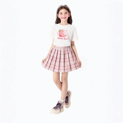Girls' Trendy School Outfit - Cartoon Music Guitar Rabbit Print Tee + Plaid Skirt Two-Piece Set Teenage Girls Clothes Set