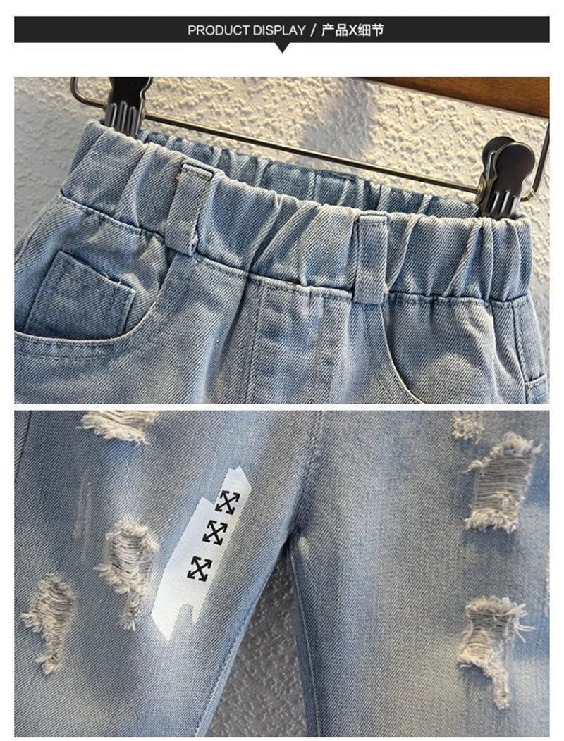 Boys Jeans Spring Autumn New Kids Hole Demin Pants Children Wear Teen Fashion Fit Long Pants Print Harlequin Trousers 3-12 Years