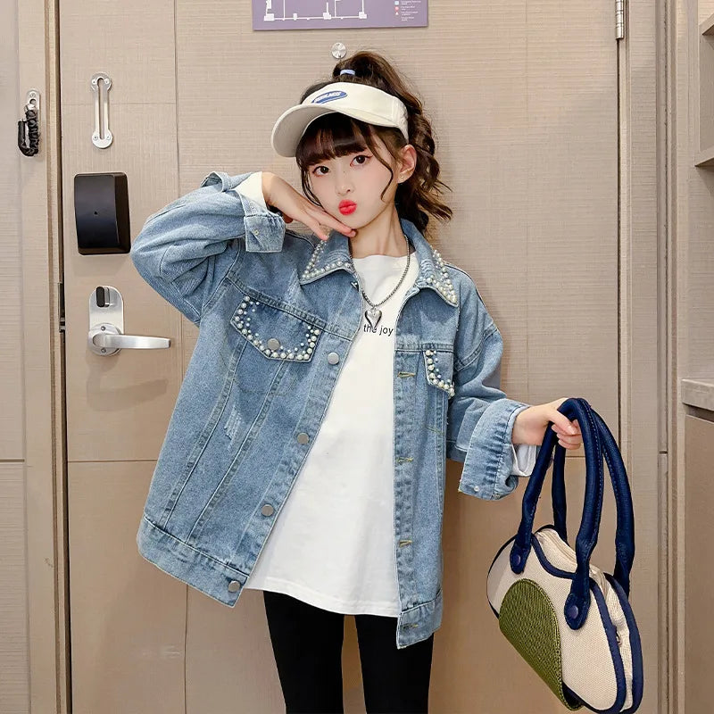 Jacket for Girls Autumn New Beading Denim Coat Fashion All-match School Teen Kids Outerwear 12 13 Years Children Casual Tops