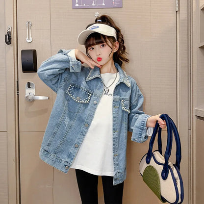 Jacket for Girls Autumn New Beading Denim Coat Fashion All-match School Teen Kids Outerwear 12 13 Years Children Casual Tops
