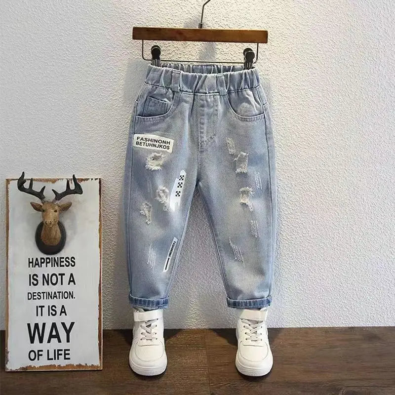 Boys Jeans for Children's Wear Spring and Autumn 2024 New Baby Fashion Korean Fit Long Pants for Children's Hole Jeans 2-9Y