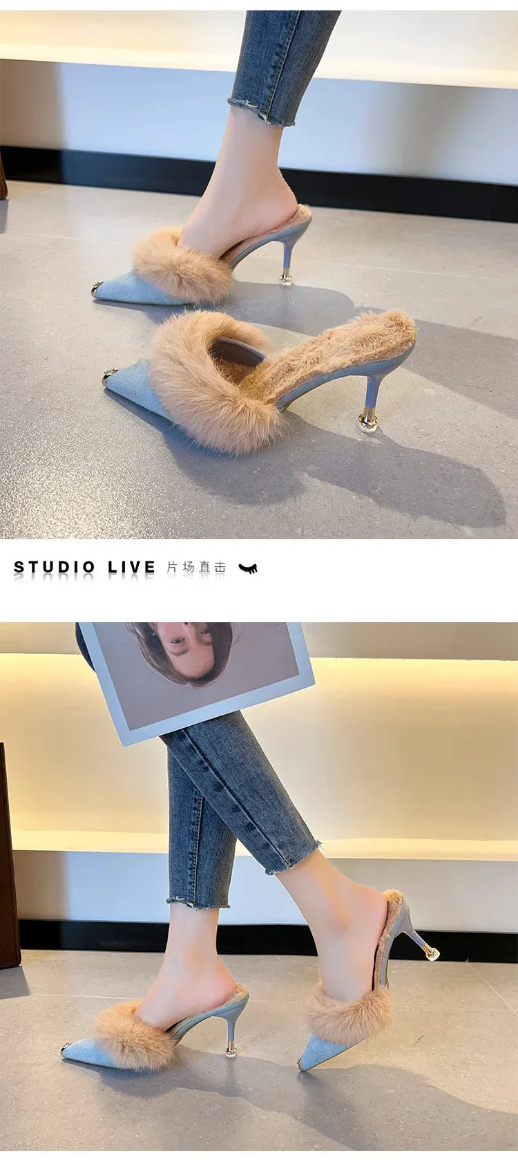 Women High Heel Shoes 2025 Fur Slippers Mules Pointed Toe Furry Slides Fashion Elegant Luxury Designer Flip Flops Office Pumps