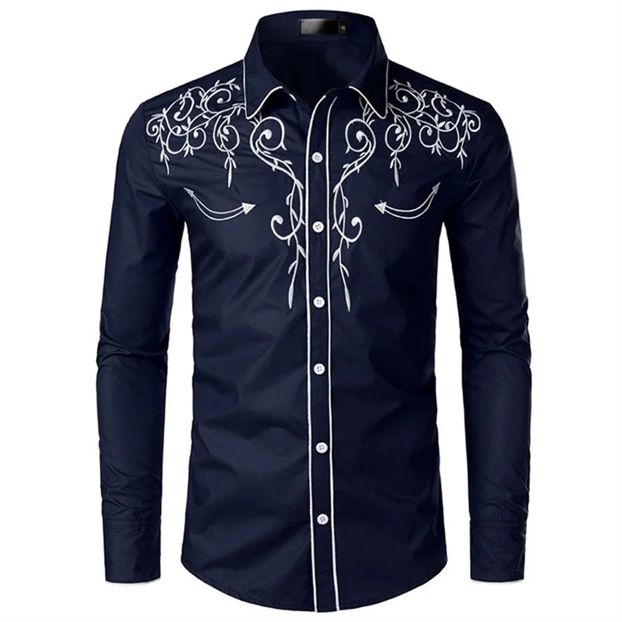 White Embroidery Shirts for Men Casual Shirt Western Style Cowboy Long Sleeve Party Dress Tops Classic Men's Clothing