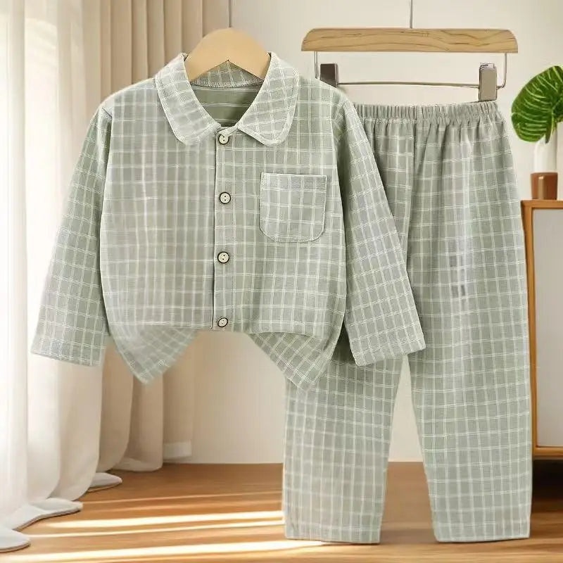 Boys and Girls children's Pajama Set autumn winter Korean Style Plaid Cardigan Lapel long-sleeved PJs Set Loungewear Two-piece