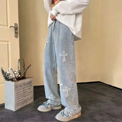 Men Straight Leg Denim Jeans Male New Fashion Casual Loose High Street Y2k Pants New Wide Leg Hip Hop Black Blue Pants