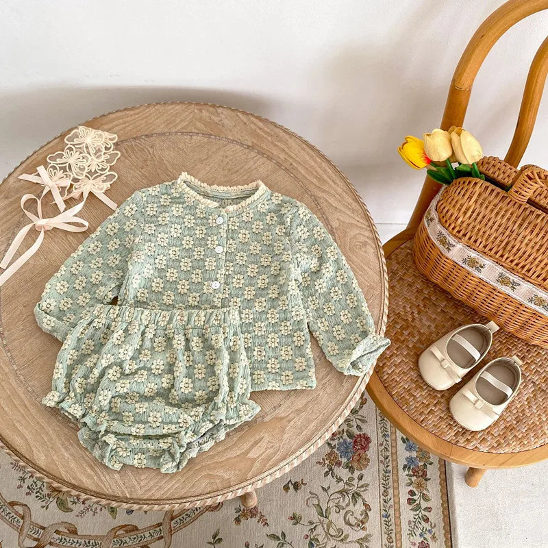 Baby Girls Suit Autumn Clothes Newborn Jacquard Knitted Bloomers Outfit Set Long Sleeve Tops+Shorts 2PC 0-3T