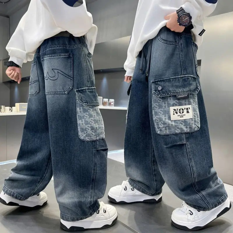 Boy Jeans For Teenage Casual Style Letter Pattern Loose Pants For Children Toddler Kids Clothes 4 6 8 9 10 11 12 13 14 Years