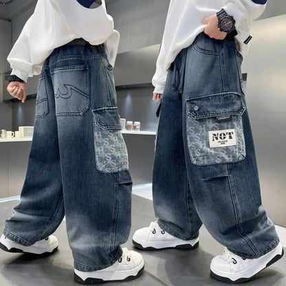Boy Jeans For Teenage Casual Style Letter Pattern Loose Pants For Children Toddler Kids Clothes 4 6 8 9 10 11 12 13 14 Years