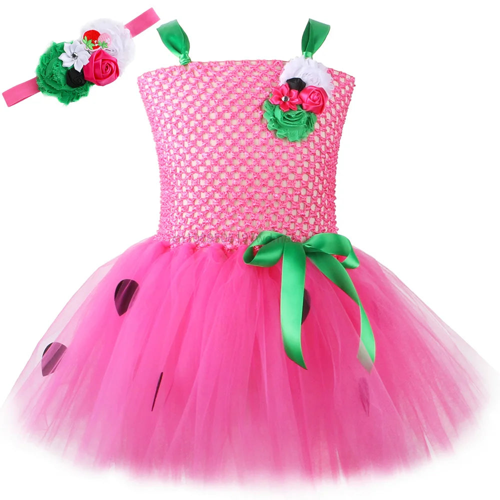 Red Green Dresses for Girls Princess Tutu Dress with Flowers Headband Toddler Children Cosplay Costume for Birthday Party
