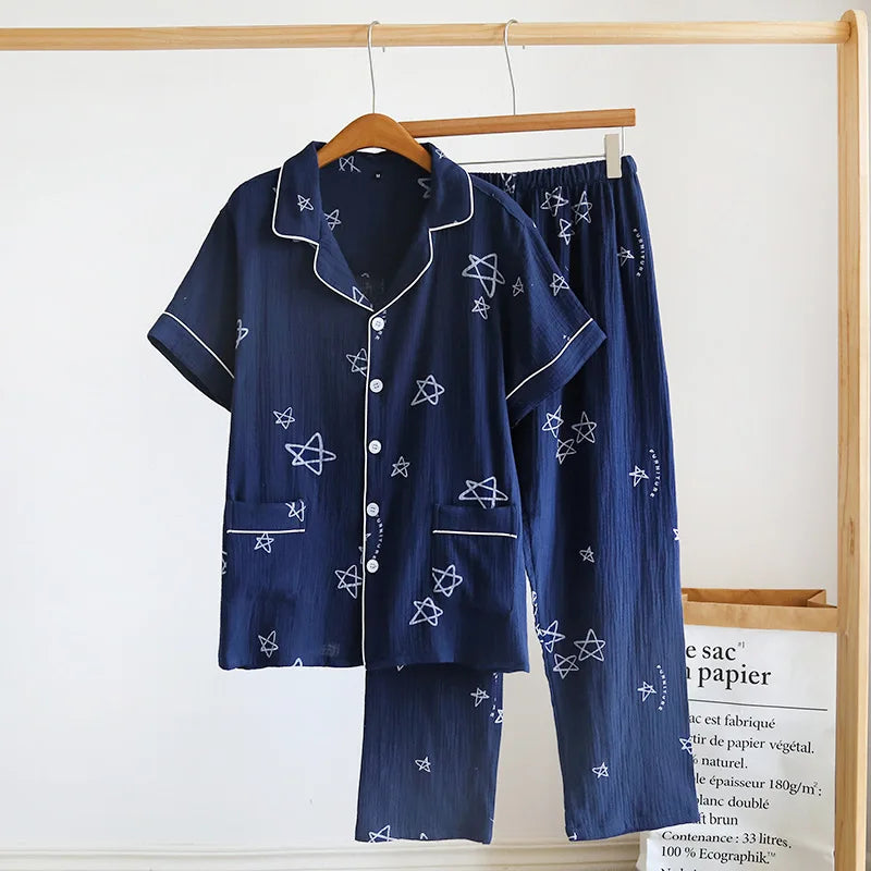 Men's Trousers Pajamas Set for Spring and Summer Thin Design Cotton Fabric Short Sleeved Long Pants Home Men Pyjama Set