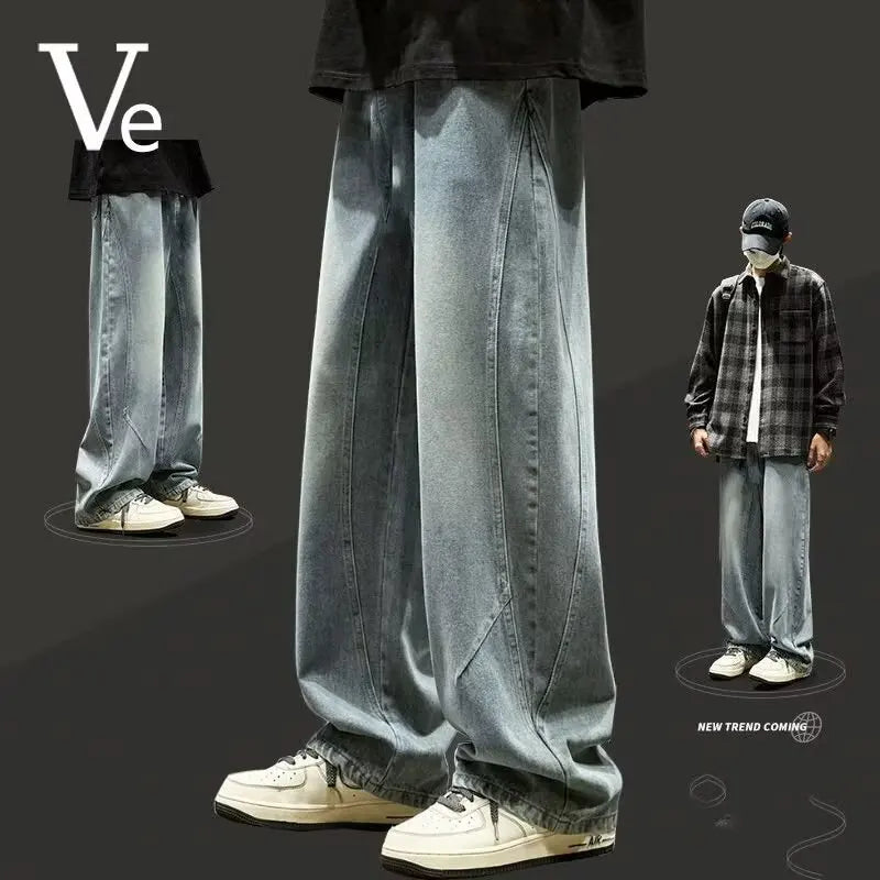 Teenage spring straight leg jeans for boys  loose straight leg casual curved knife pants student washed wide leg long pants