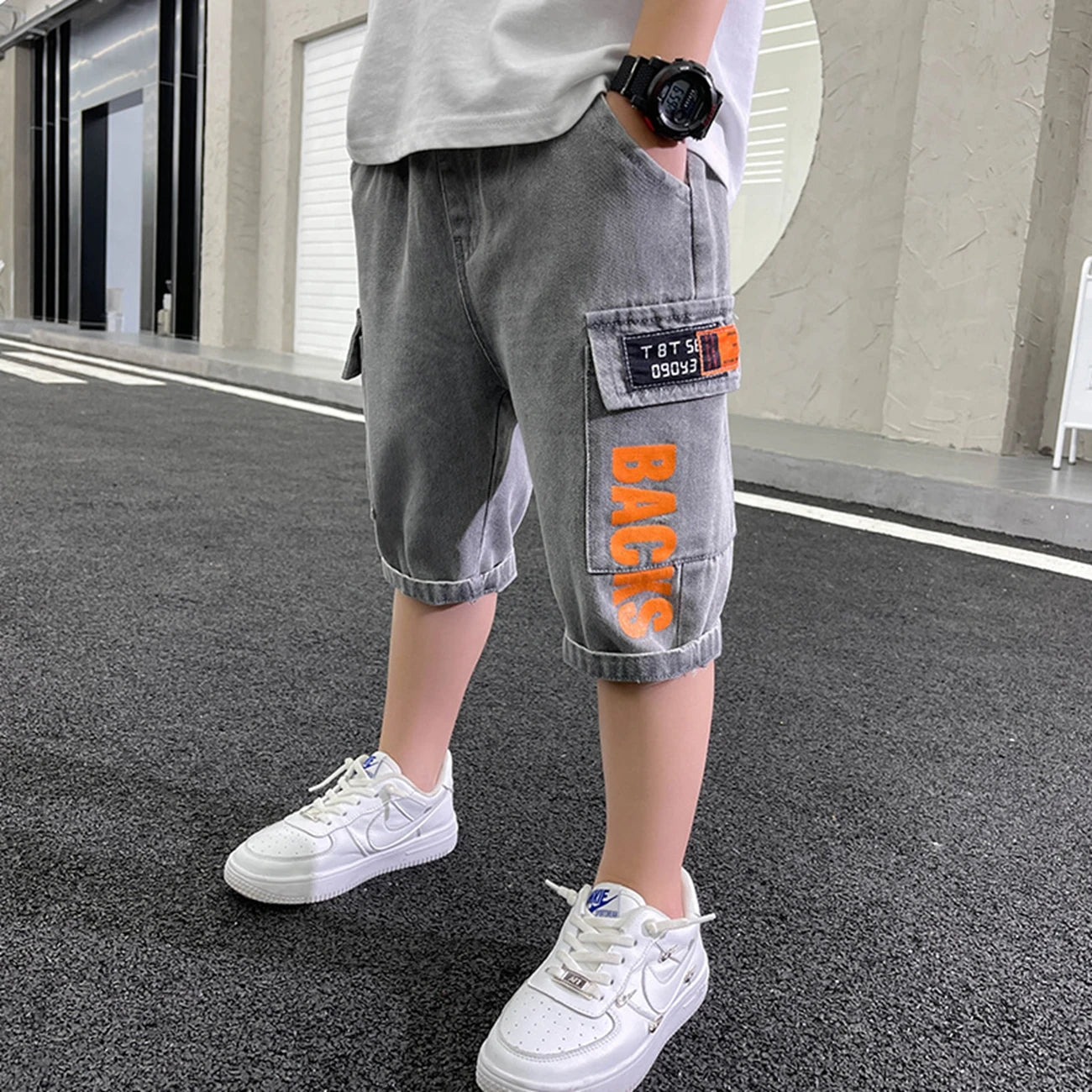 Teen Boys Cotton Shorts Summer Collection Solid Color Knee-Length Casual Crop Pants for 6-15 Years Old Kids