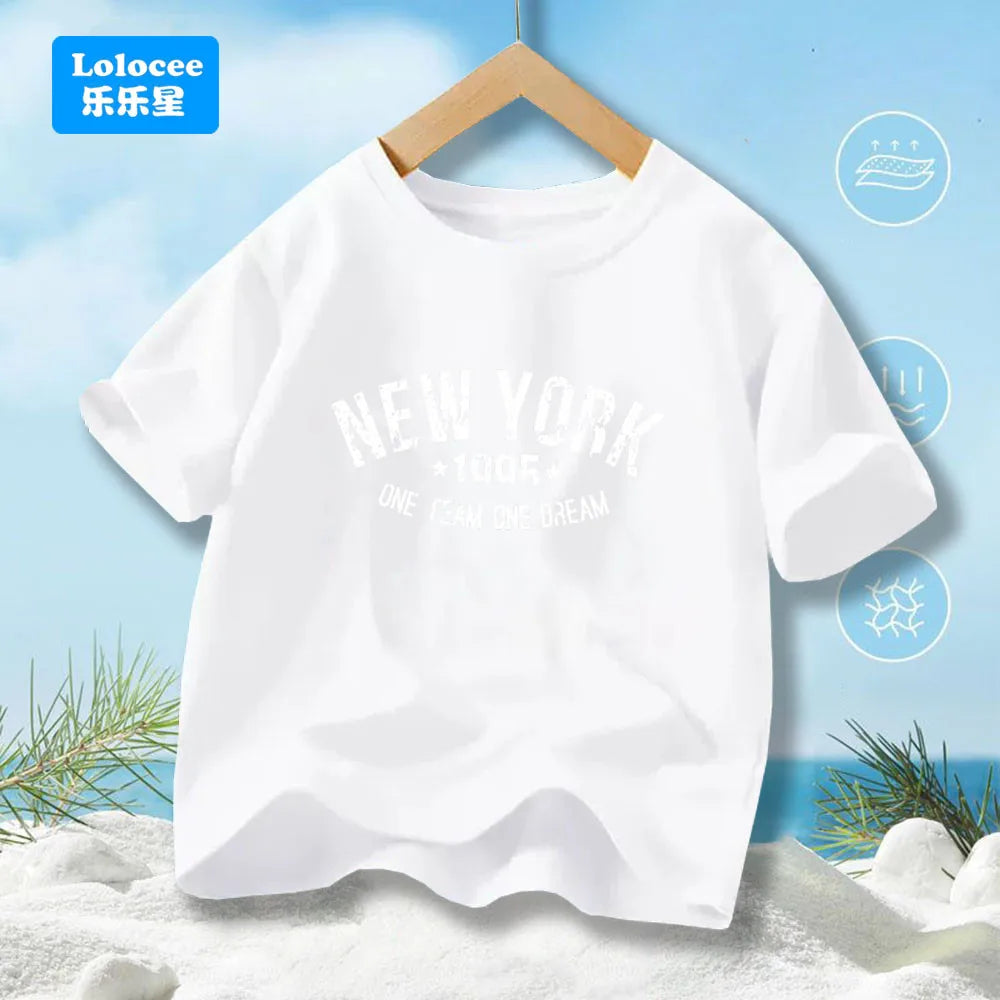 Teens Boys Summer Cotton Fashionable Casual T-shirt Kids New York Letter Printed Round Neck Short Sleeve T-shirt Top ZNYB1